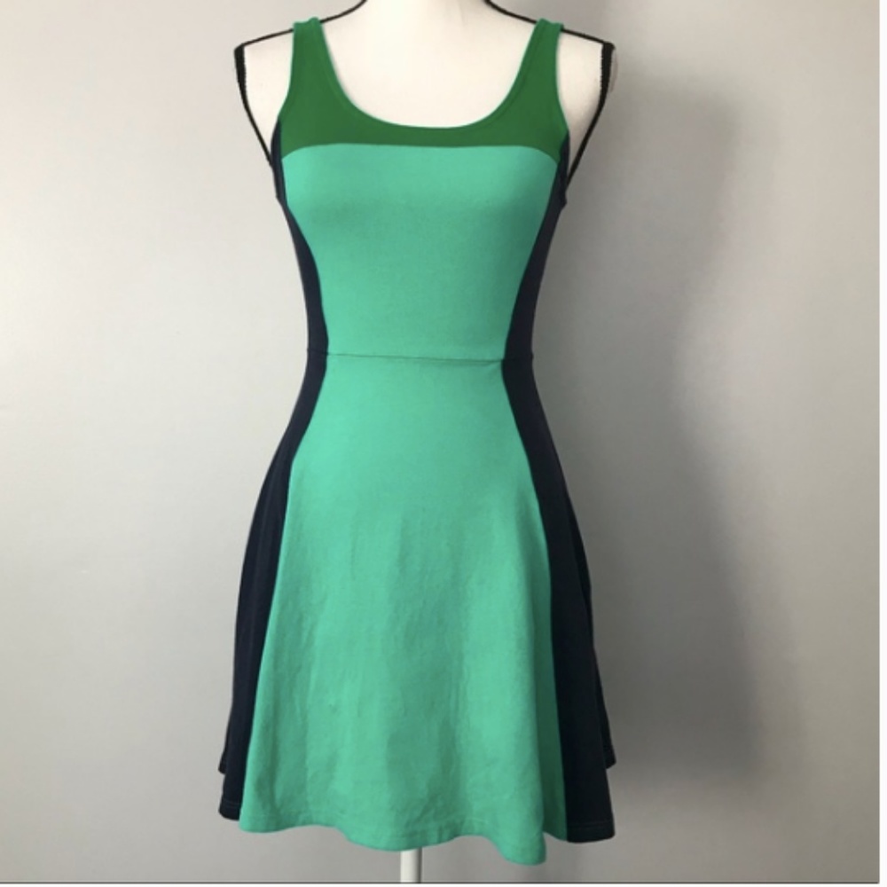 Express Color Block Fit & Flare Dress Green Teal